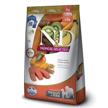 Racao-N-D-Tropical-Selection-Caes-Adultos-Medium-e-Maxi-Salmao-2-kg---500g-Gratis-lado