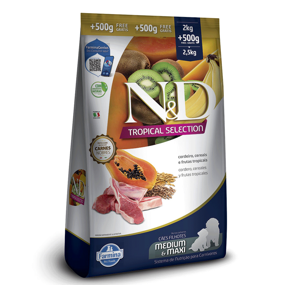Ração N&D Tropical Selection Cães Puppy Medium e Maxi Cordeiro