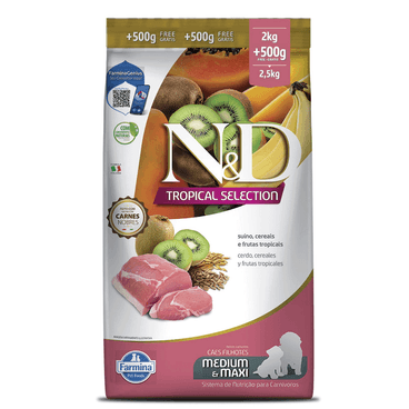 Racao-N-D-Tropical-Selection-Caes-Puppy-Medium-e-Maxi-Suino--2-kg---500g-Gratis-frente