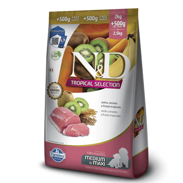 Racao-N-D-Tropical-Selection-Caes-Puppy-Medium-e-Maxi-Suino--2-kg---500g-Gratis-lado