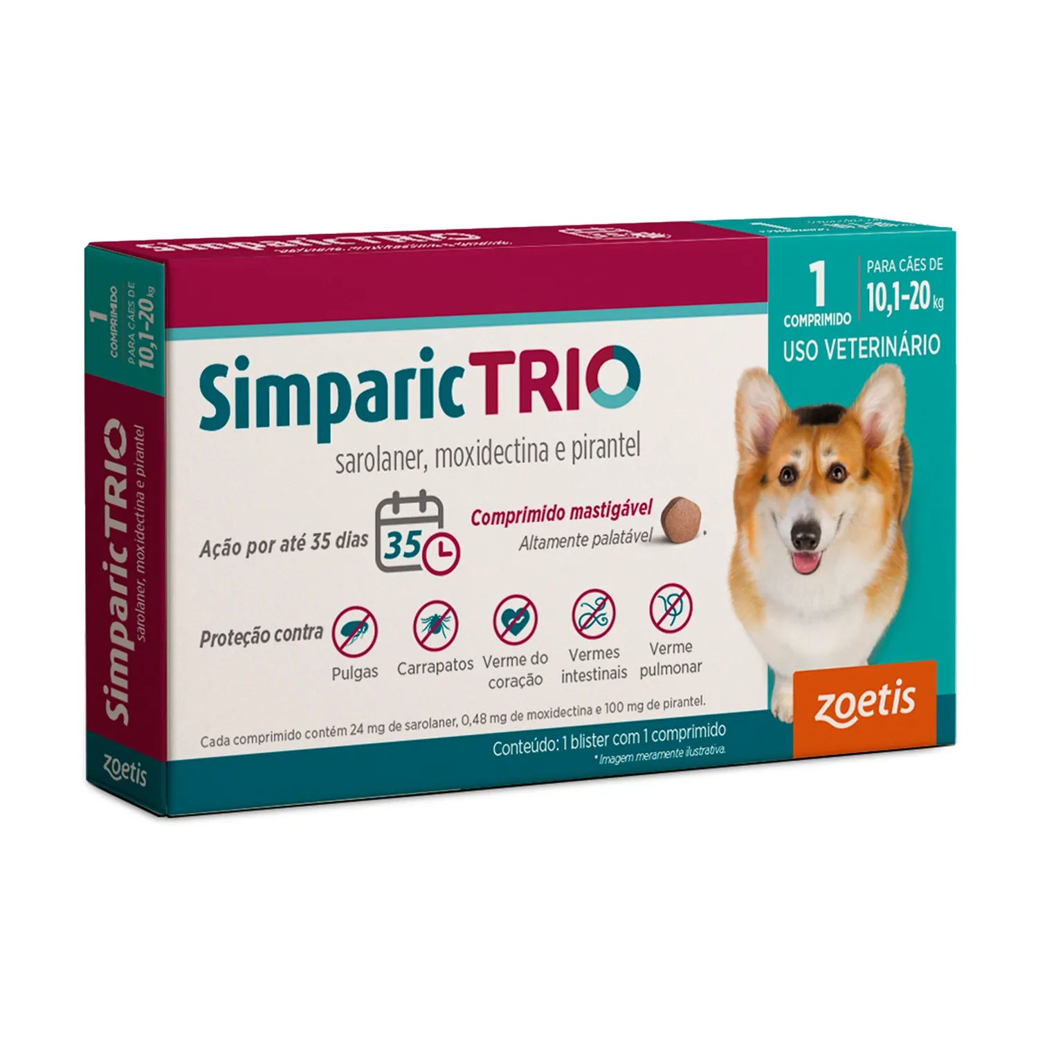 Antipulgas Simparic Trio 24mg para Cães 10,1 a 20kg