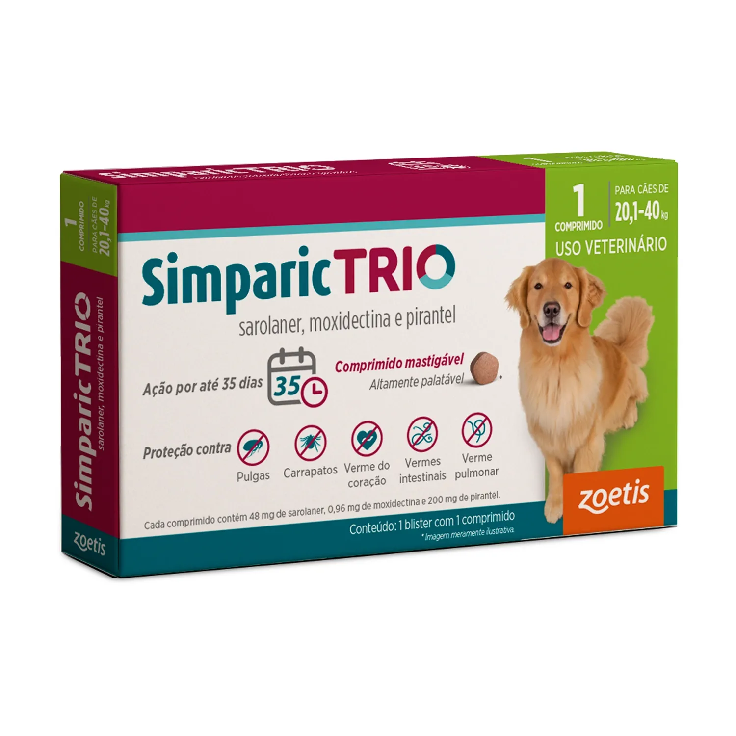 Antipulgas Simparic Trio 48mg para Cães 20,1 a 40kg