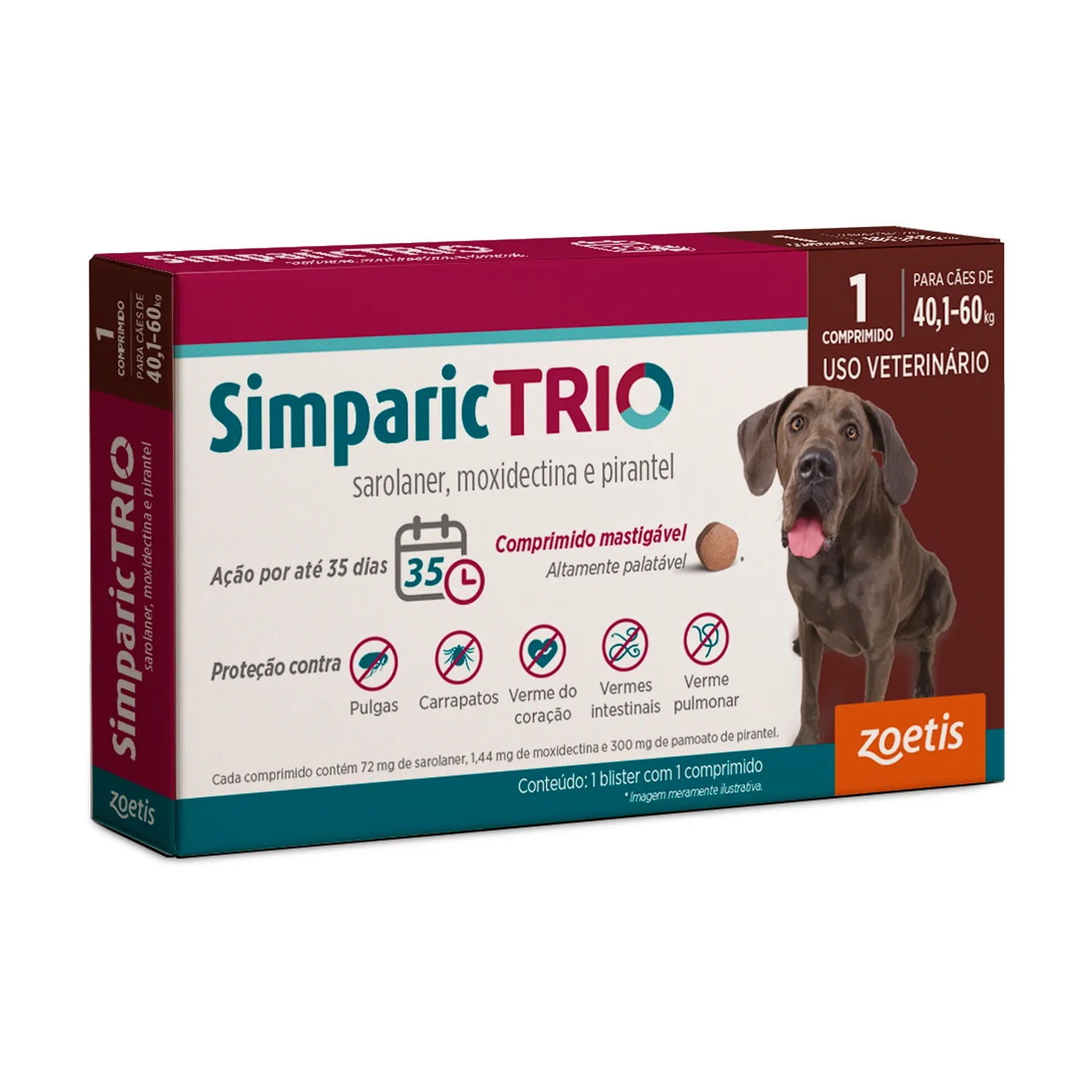 Antipulgas Simparic Trio 72mg para Cães 40,1 a 60kg
