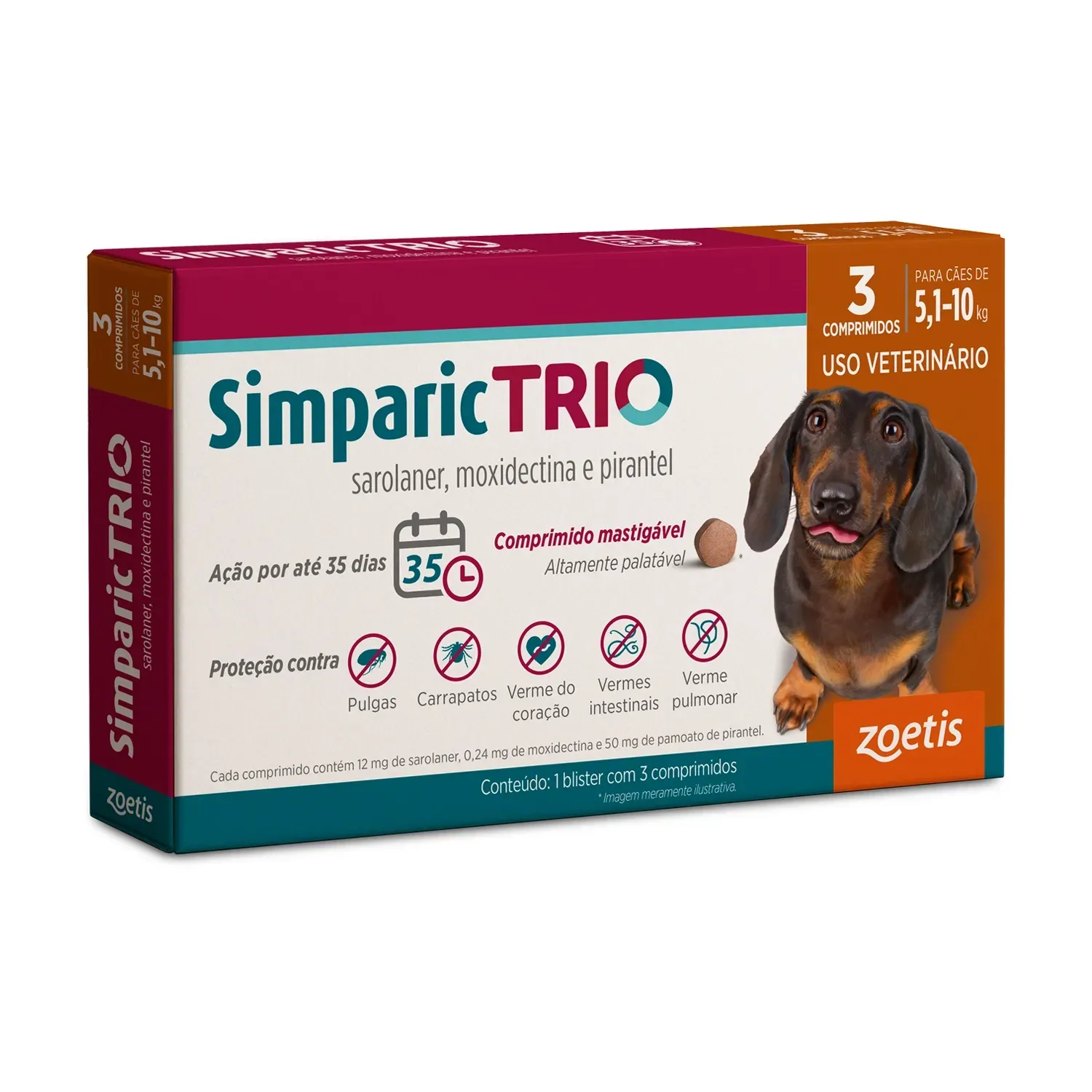 Antipulgas Simparic Trio 12mg para Cães 5,1 a 10kg
