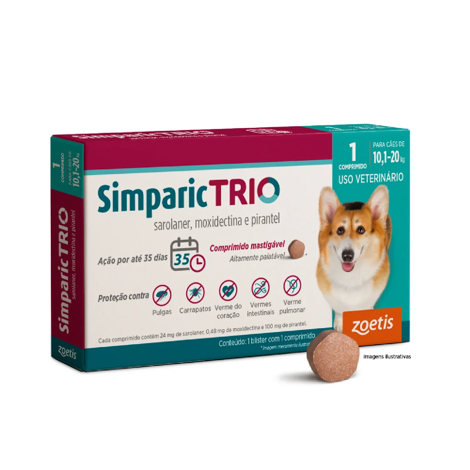 Antipulgas Simparic Trio 24mg para Cães 10,1 a 20kg