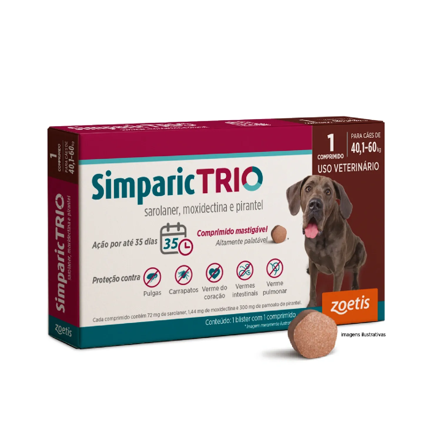 Antipulgas Simparic Trio 72mg para Cães 40,1 a 60kg