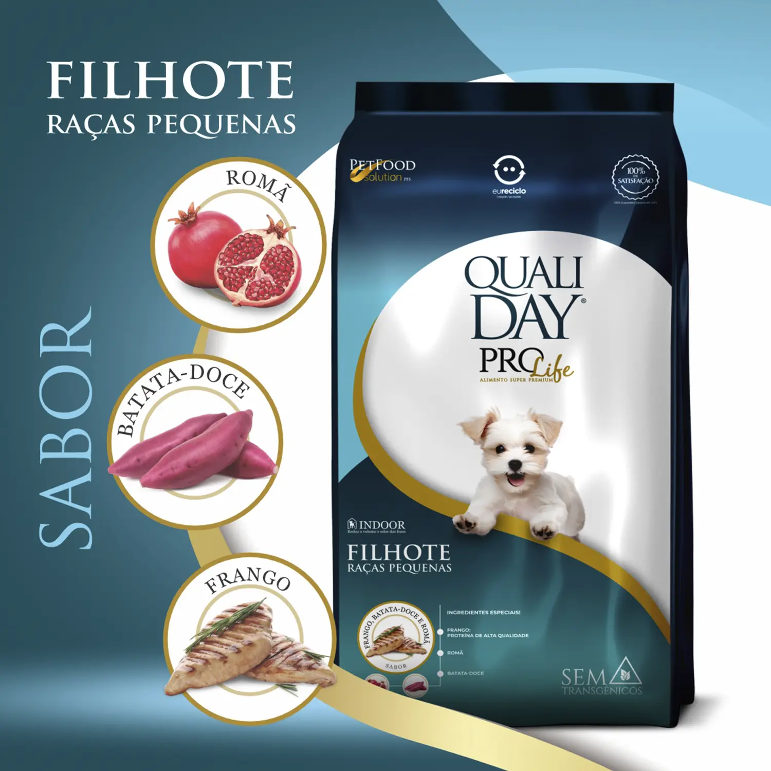 Ração Qualiday Pro Life Cães Filhotes Raças Pequenas Frango, Batata Doce e Romã