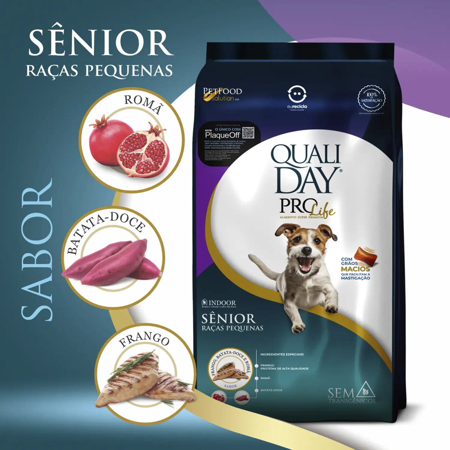 Ração Qualiday Pro Life Cães Sênior Raças Pequenas Frango, Batata Doce e Romã