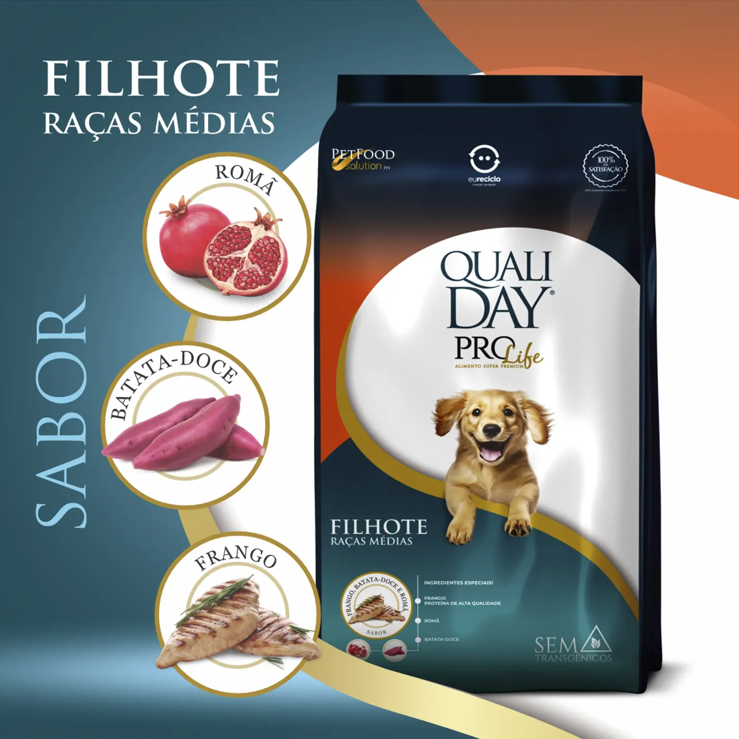 Ração Qualiday Pro Life Cães Filhotes Raças Médias e Grandes Frango, Batata Doce e Romã