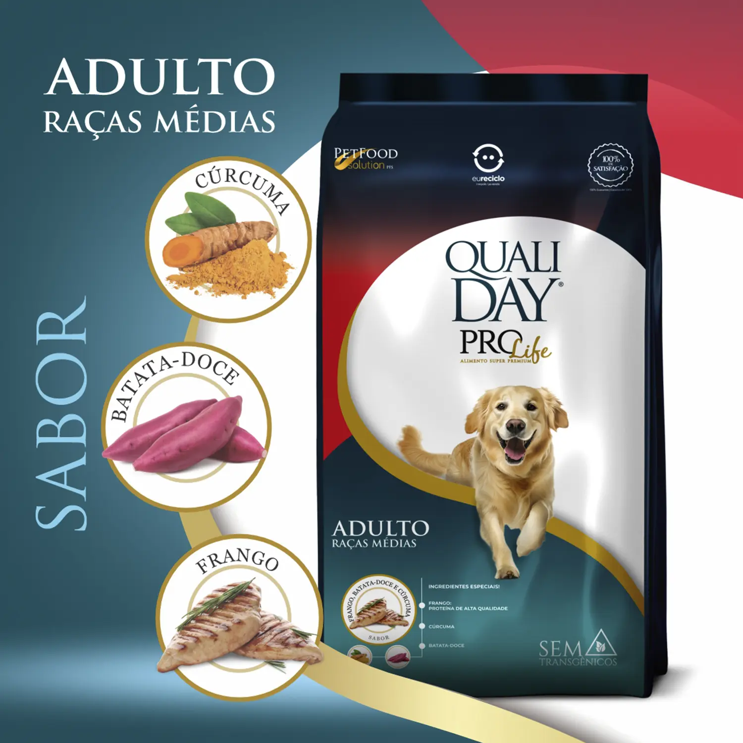Ração Qualiday Pro Life Cães Adultos Raças Médias e Grandes Frango, Batata Doce e Cúrcuma