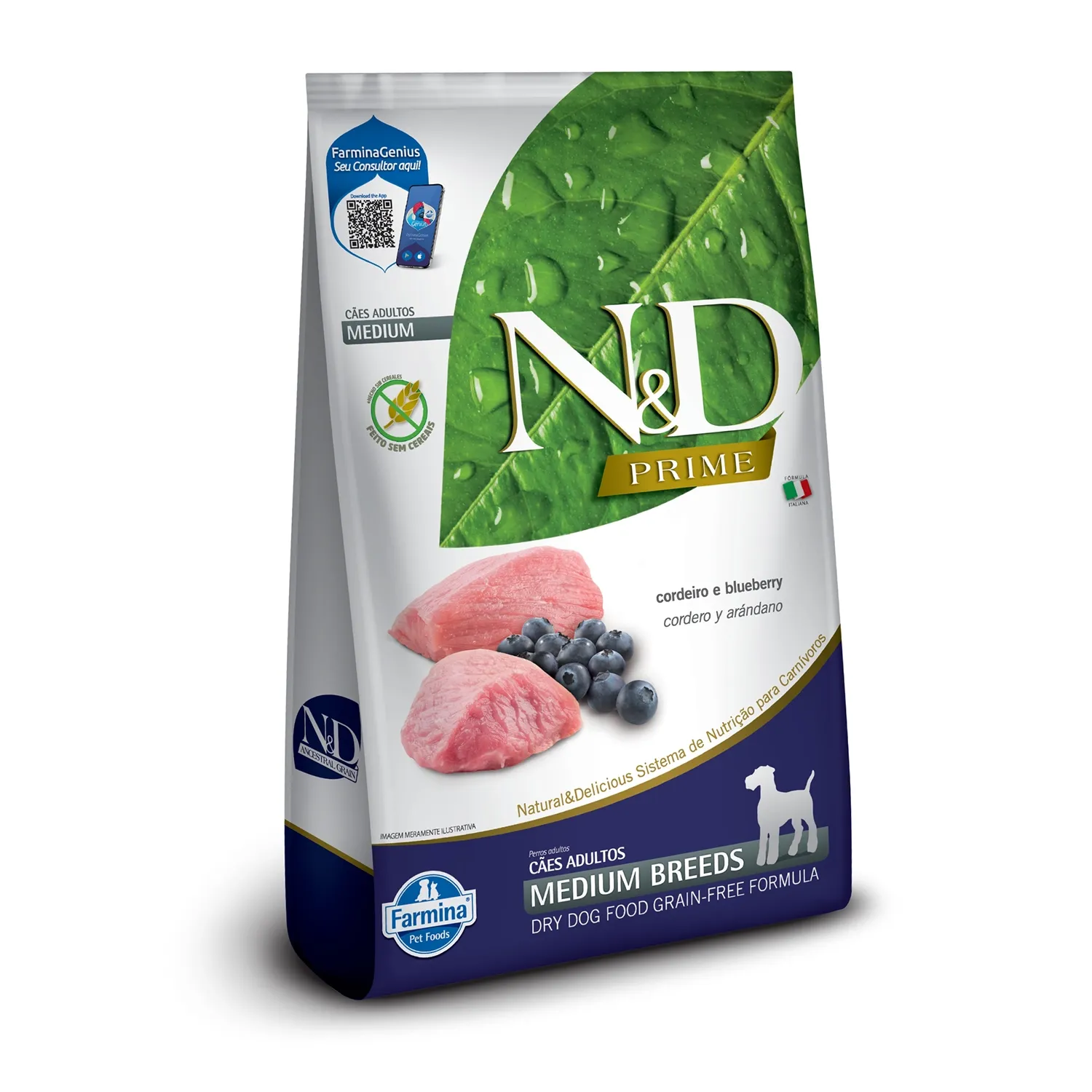 Ração N&amp;D Prime Cães Adultos Porte Médio Cordeiro e Blueberry