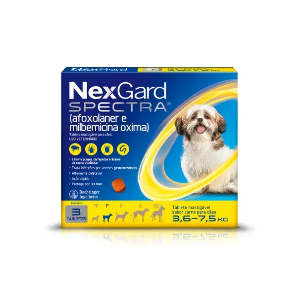 NexGard Spectra 3,6kg a 7,5kg: Antipulgas, Carrapatos e Vermífugo 3 tabletes