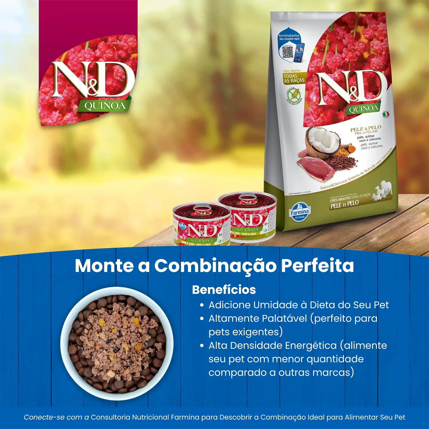 Monte-a-combinacao-perfeita-da-Racao-Umida-N-D-Quinoa-Caes-Skin-e-Coat-Pato-140-g