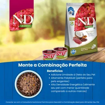 Monte-a-combinacao-perfeita-da-Racao-Umida-N-D-Quinoa-Caes-Skin-e-Coat-Pato-140-g
