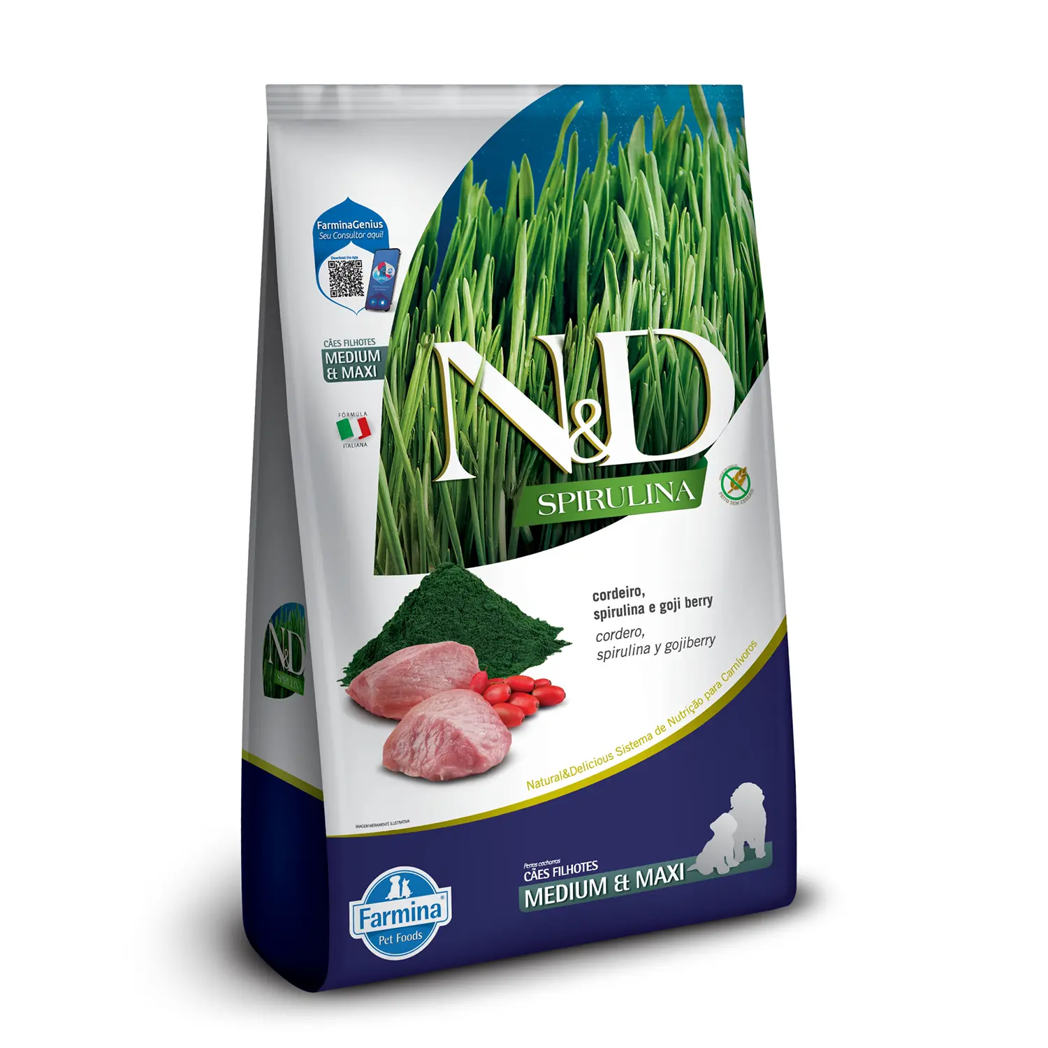 Ração N&D Spirulina Cães Puppy Medium e Maxi Cordeiro