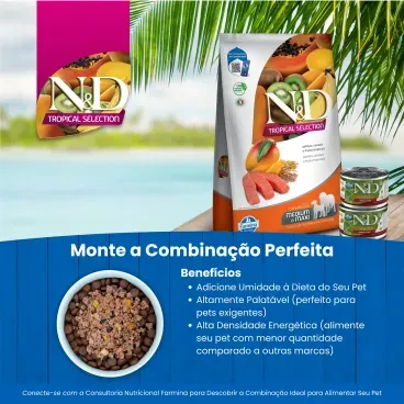 Racao-N-D-Tropical-Selection-Caes-Adultos-Medium-e-Maxi-Salmao-monte-a-combinacao-perfeita