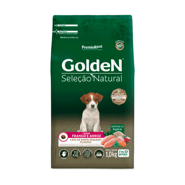 Racao-Golden-Selecao-Natural-Caes-Filhotes-Porte-Pequeno-Frango-e-Arroz-Mini-Bits-Frente