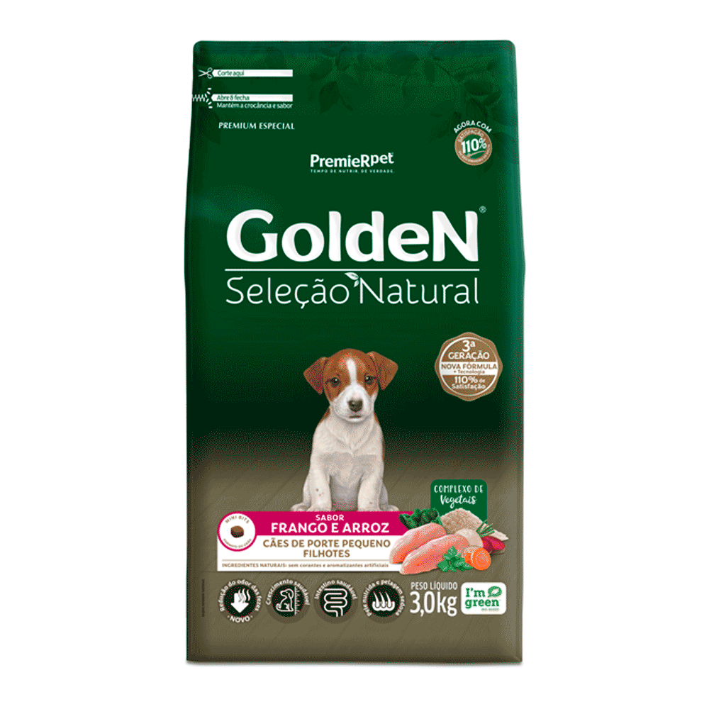 Ração Golden Seleção Natural Cães Filhotes Porte Pequeno Frango e Arroz Mini Bits
