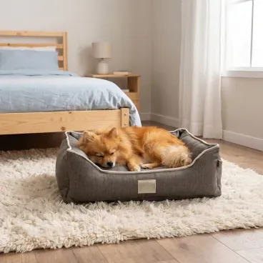 Pet-dormindo-na-Cama-Tecido-Resistente-Fabrica-Pet-Cinza
