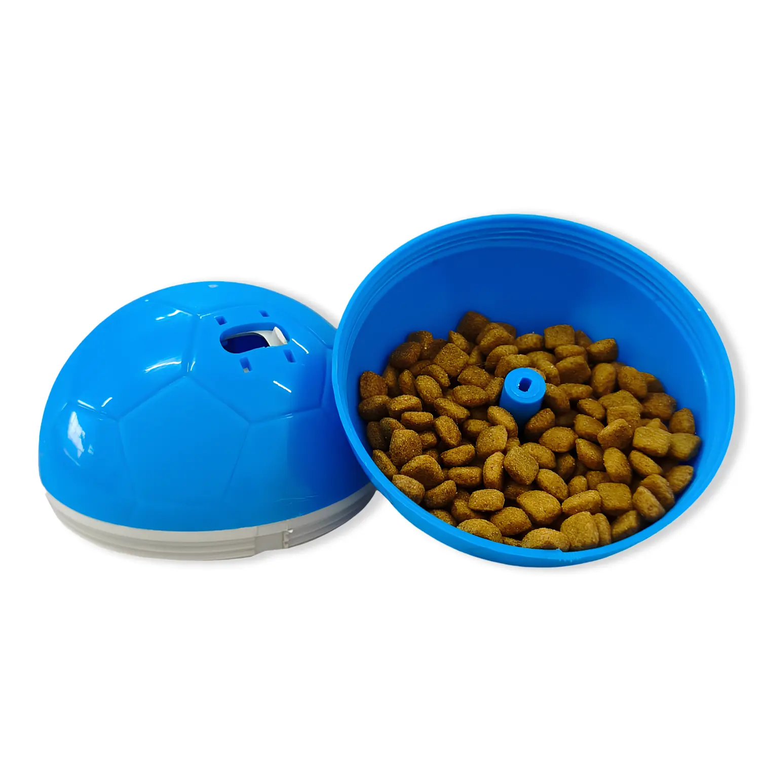 Brinquedo-Comedouro-Amicus-Crazy-Ball-Azul-aberta-e-com-racao-dentro