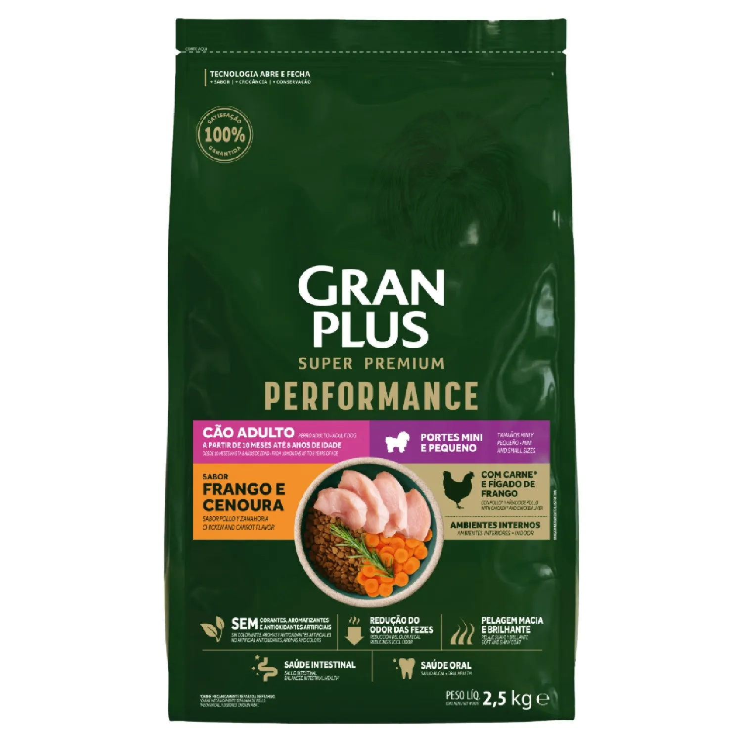 Racao-GranPlus-Performance-Caes-Adultos-Mini-e-Pequeno-Frango-e-Cenoura-Frente-2.5kg