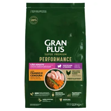 Racao-GranPlus-Performance-Caes-Adultos-Mini-e-Pequeno-Frango-e-Cenoura-Frente-2.5kg
