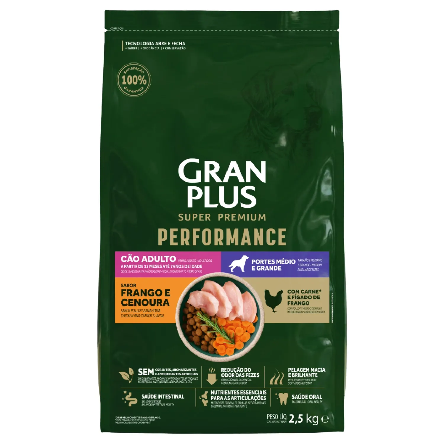 Racao-GranPlus-Performance-Caes-Adultos-Medio-e-Grande-Frango-e-Cenoura-2.5kg-frente