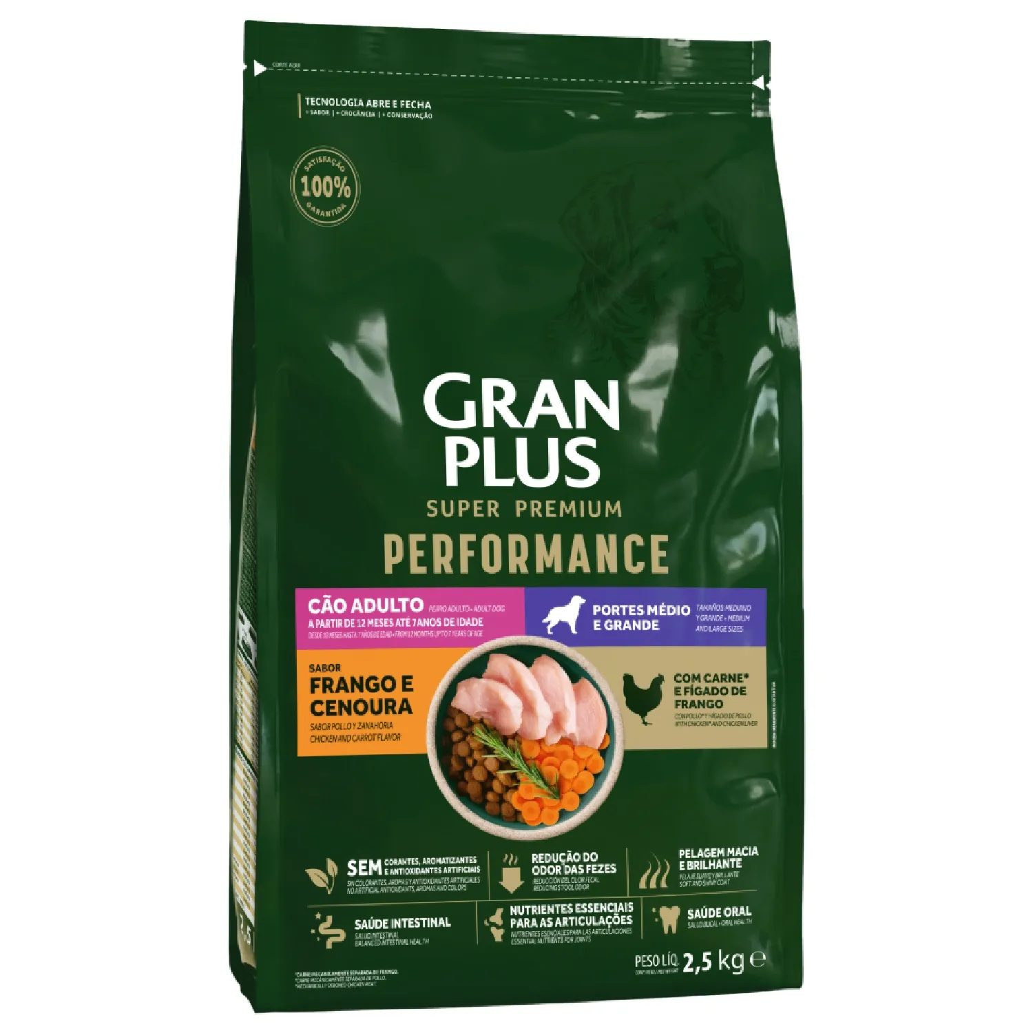 Racao-GranPlus-Performance-Caes-Adultos-Medio-e-Grande-Frango-e-Cenoura-2.5kg-lado
