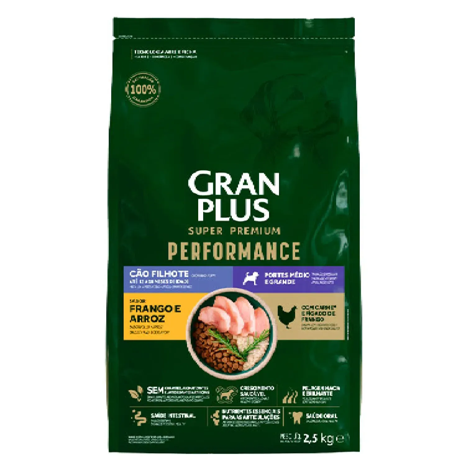 Racao-GranPlus-Performance-Caes-Filhotes-Medio-e-Grande-Frango-e-Arroz-2.5kg-frente