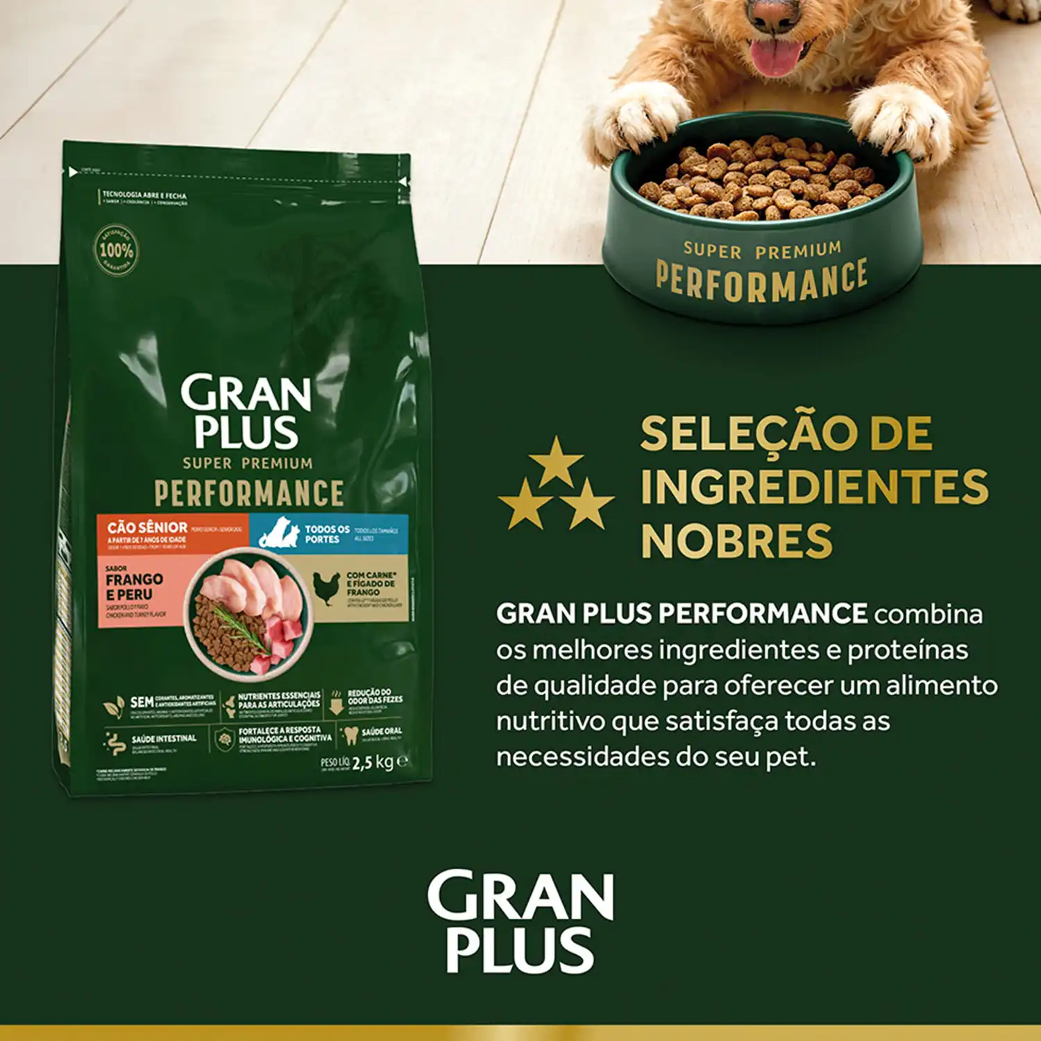 Racao-GranPlus-Performance-Caes-Senior-Frango-e-Peru-selecao-de-ingredientes