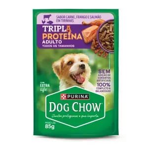 Ração Úmida Dog Chow Cães Adultos Tripla Proteína Carne Frango e Salmão em Tirinhas - 85 g