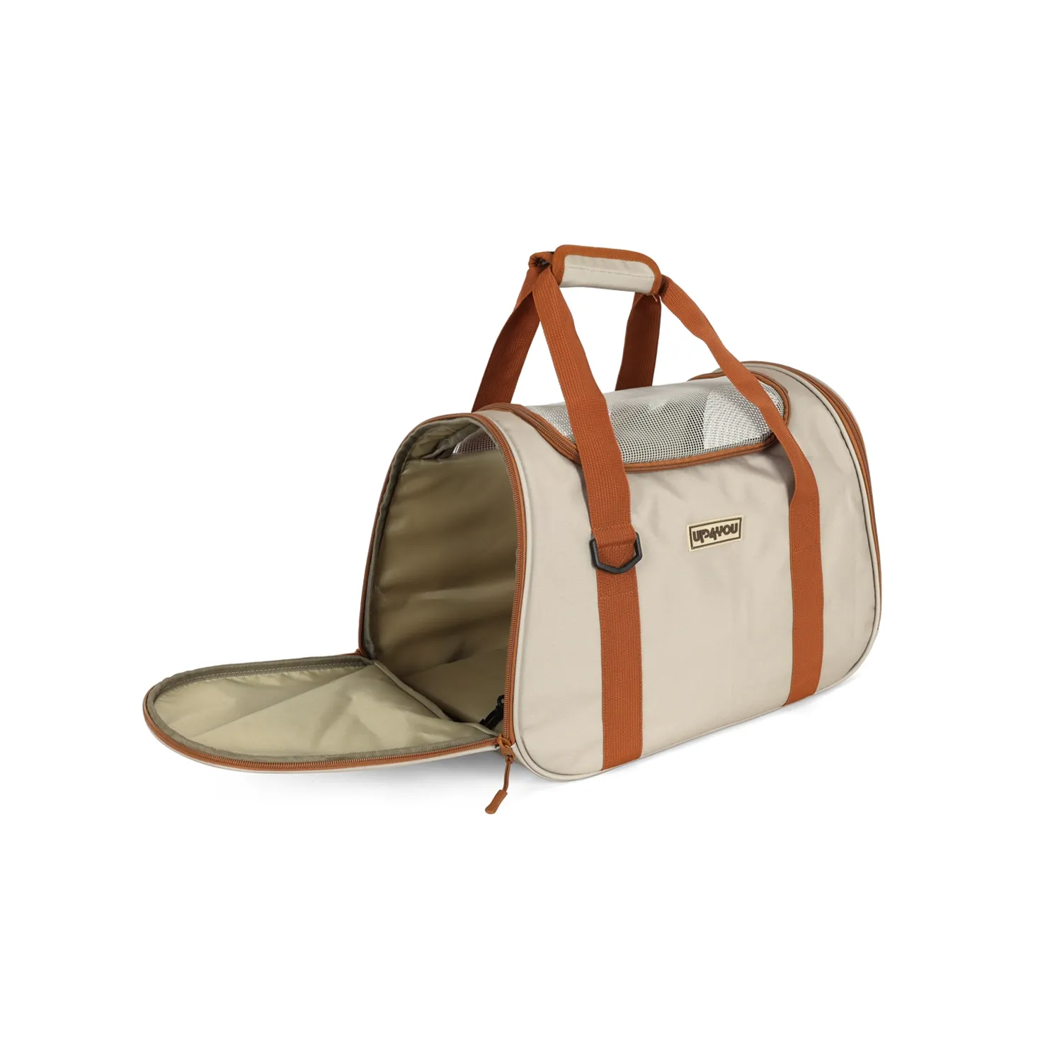 Bolsa-de-Transporte-Safe-de-Mao-Up4You-Bege-abertura-lateral-