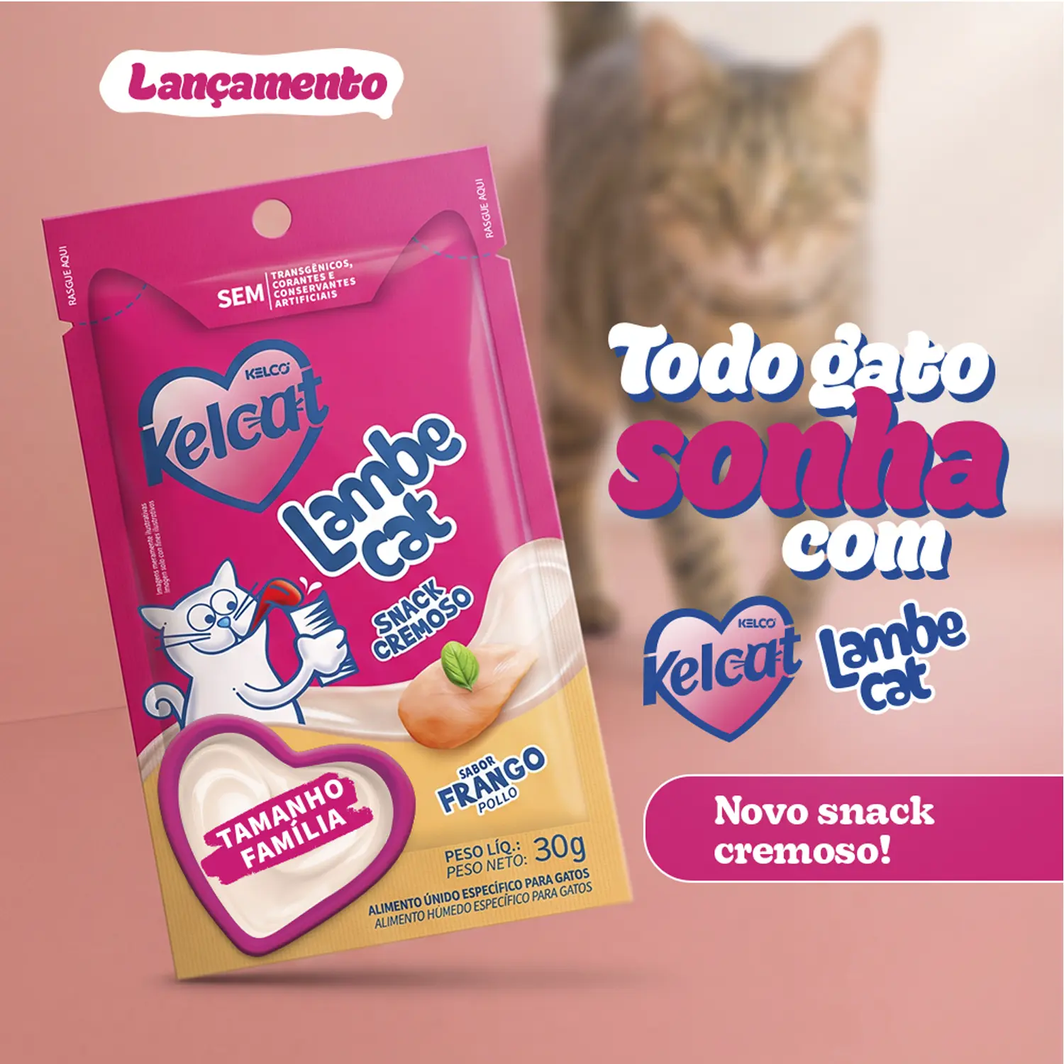 3-Petisco Kelcat para Gatos Lambe Cat Frango 30g