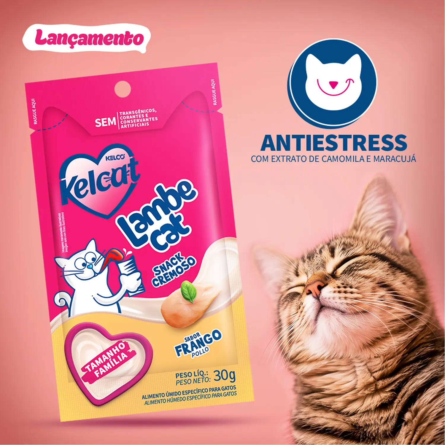 6-Petisco Kelcat para Gatos Lambe Cat Frango 30g