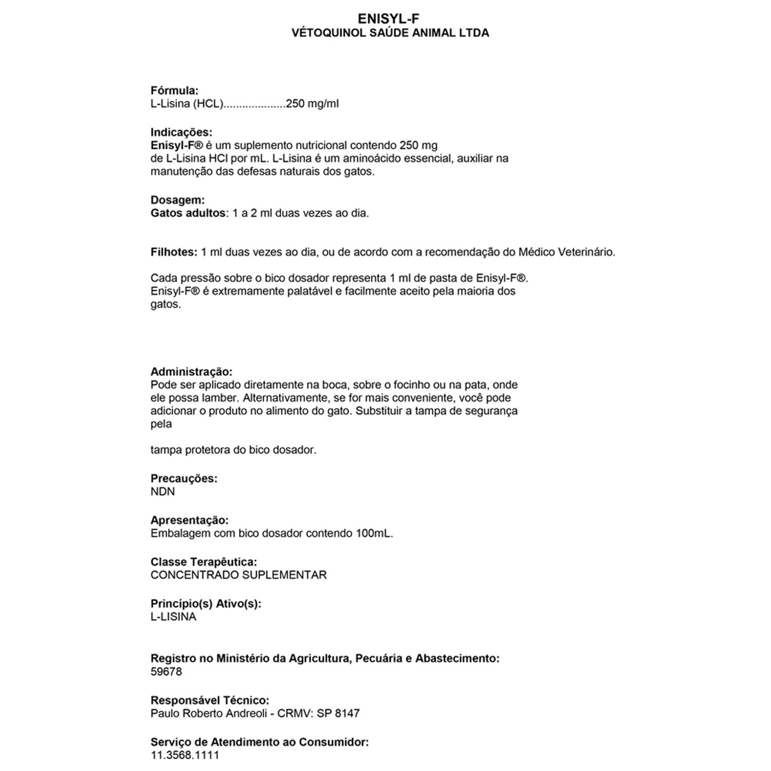 Bula do Suplemento Aminoácido para Gatos Enisyl-F Vetoquinol