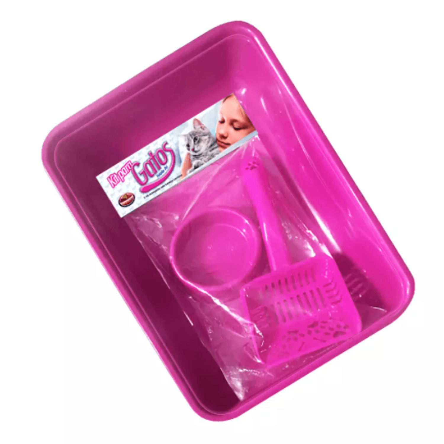 Kit Comedouro, Pá e Caixa de areia Furacão Pet Rosa