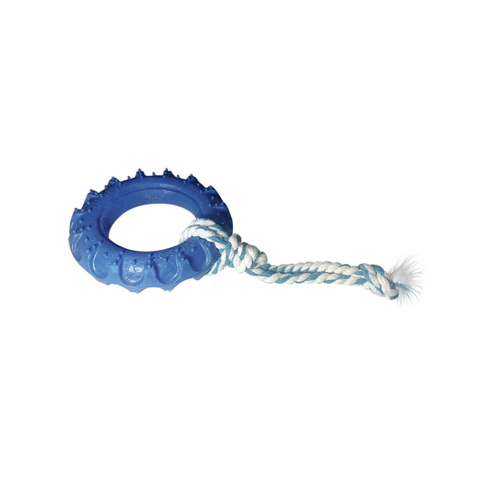 Brinquedo Pneu de Borracha Off Road Dog com Corda Furacão Pet Azul
