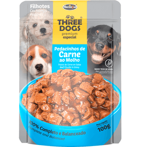 Ração Úmida Premium Especial para Cães Filhotes Carne ao Molho Three Dogs - 100g