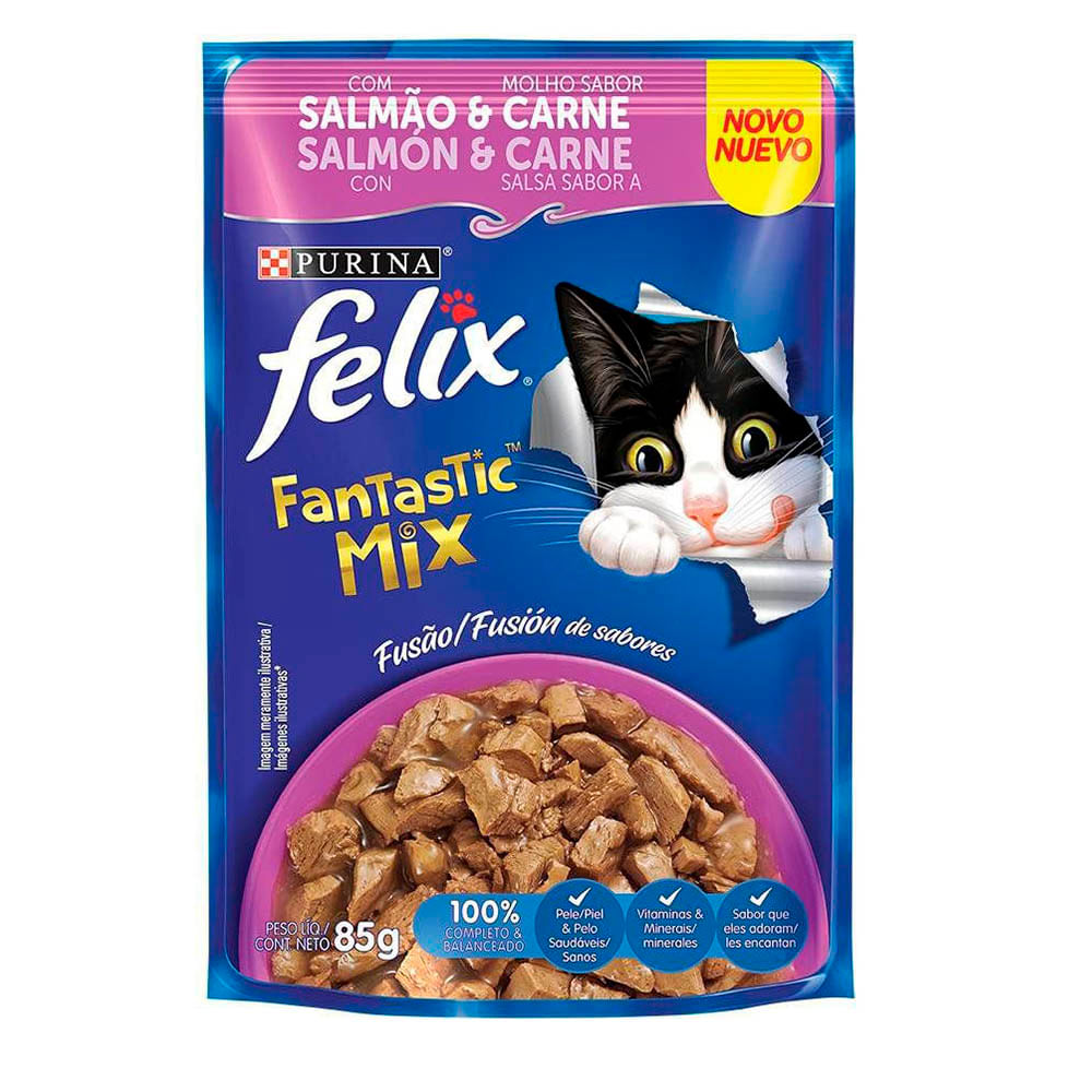 Ração Úmida Félix Gatos Adultos Fantastic Mix Salmão e Carne