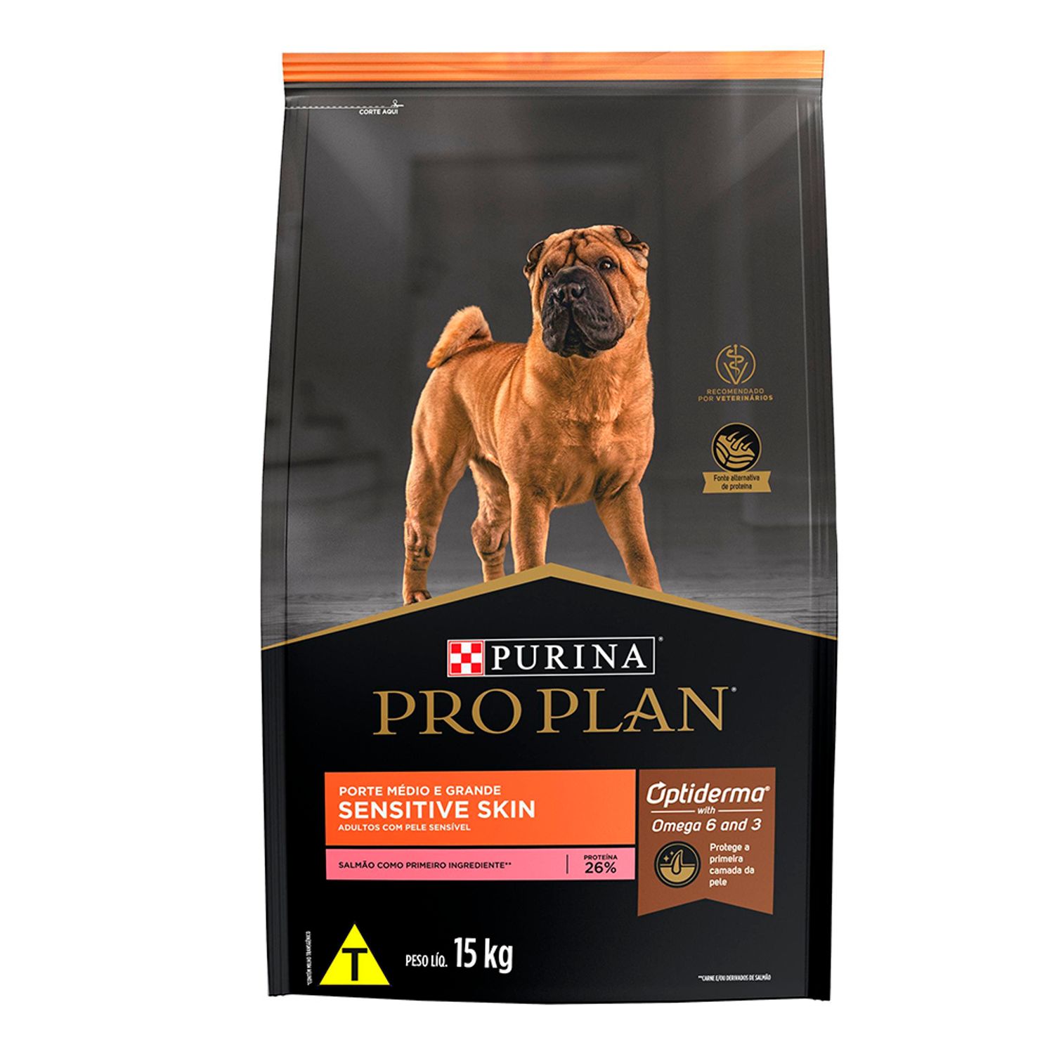 ração pro plan cães adultos médios e grandes sensitive skin salmão 15kg frente