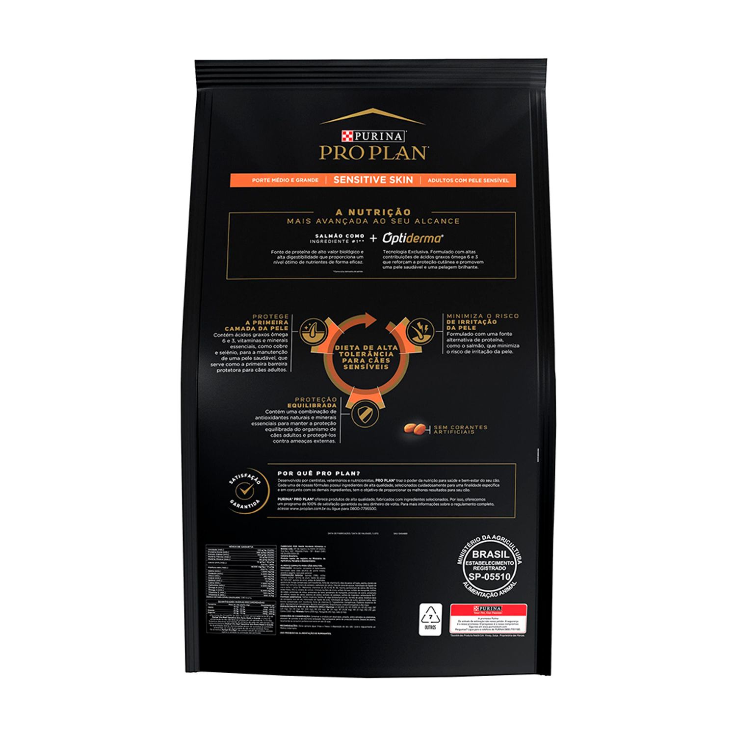 ração pro plan cães adultos médios e grandes sensitive skin salmão 15kg verso