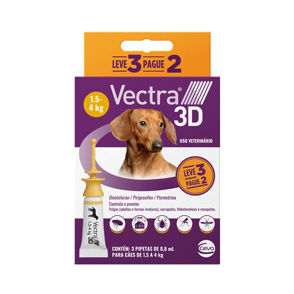 Antipulgas Vectra 3D Cães 1,5 a 4 kg Ceva 0,8 ml Leve 3 Pague 2