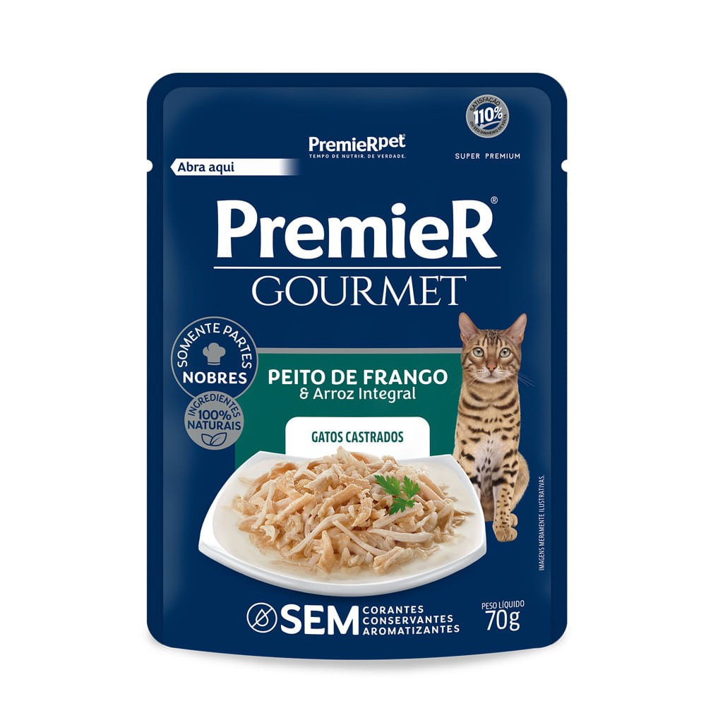 Ração Úmida Premier Gourmet Gatos Castrados Peito de Frango e Arroz Integral