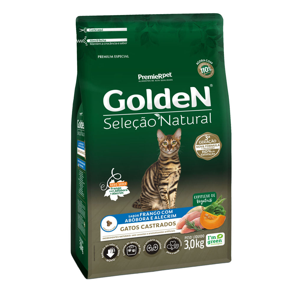 Ração Golden Seleção Natural Gatos Castrados Frango com Abóbora e Alecrim