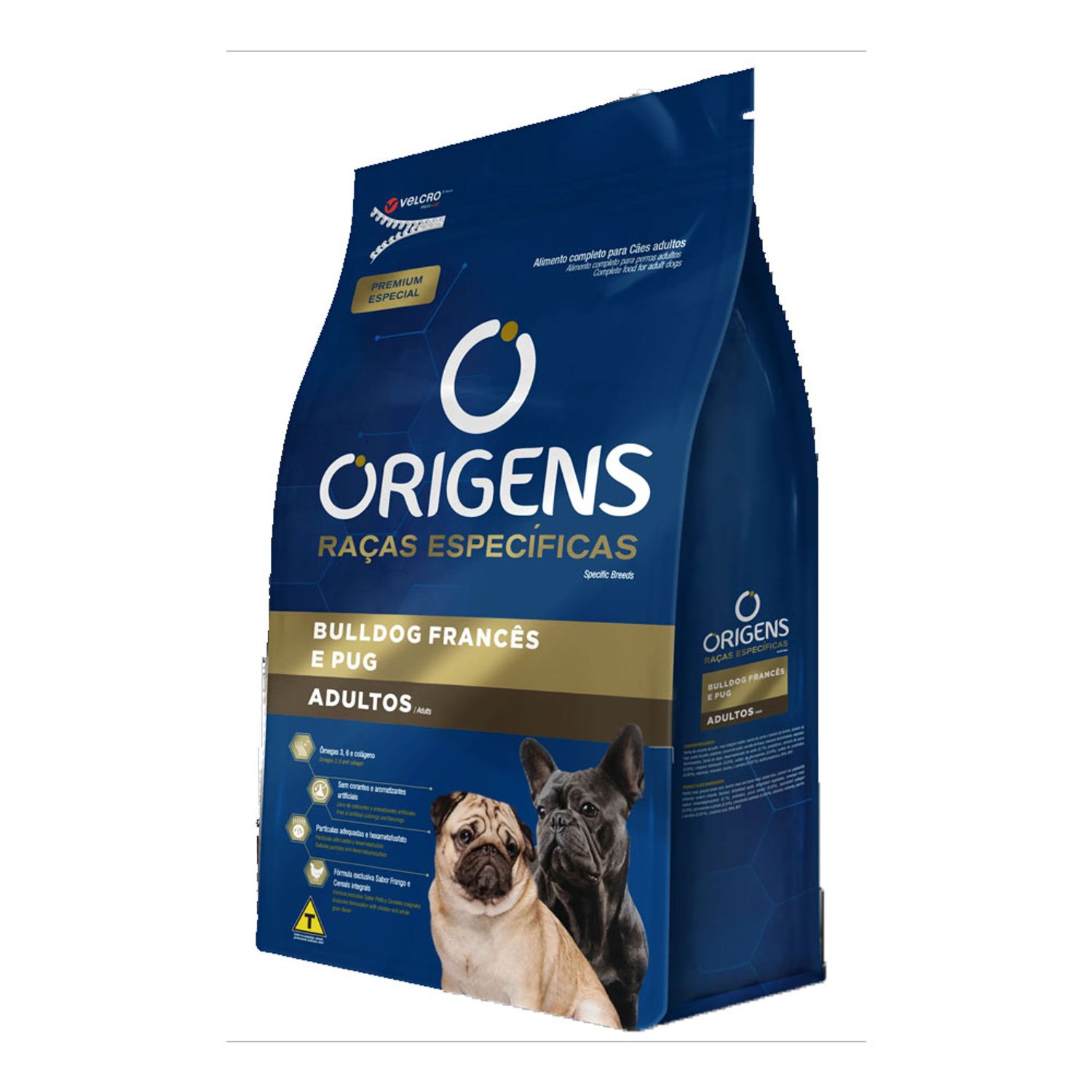 Ração Origens Cães Adultos Raças Específicas Bulldog Francês e Pug Lateral da Embalagem
