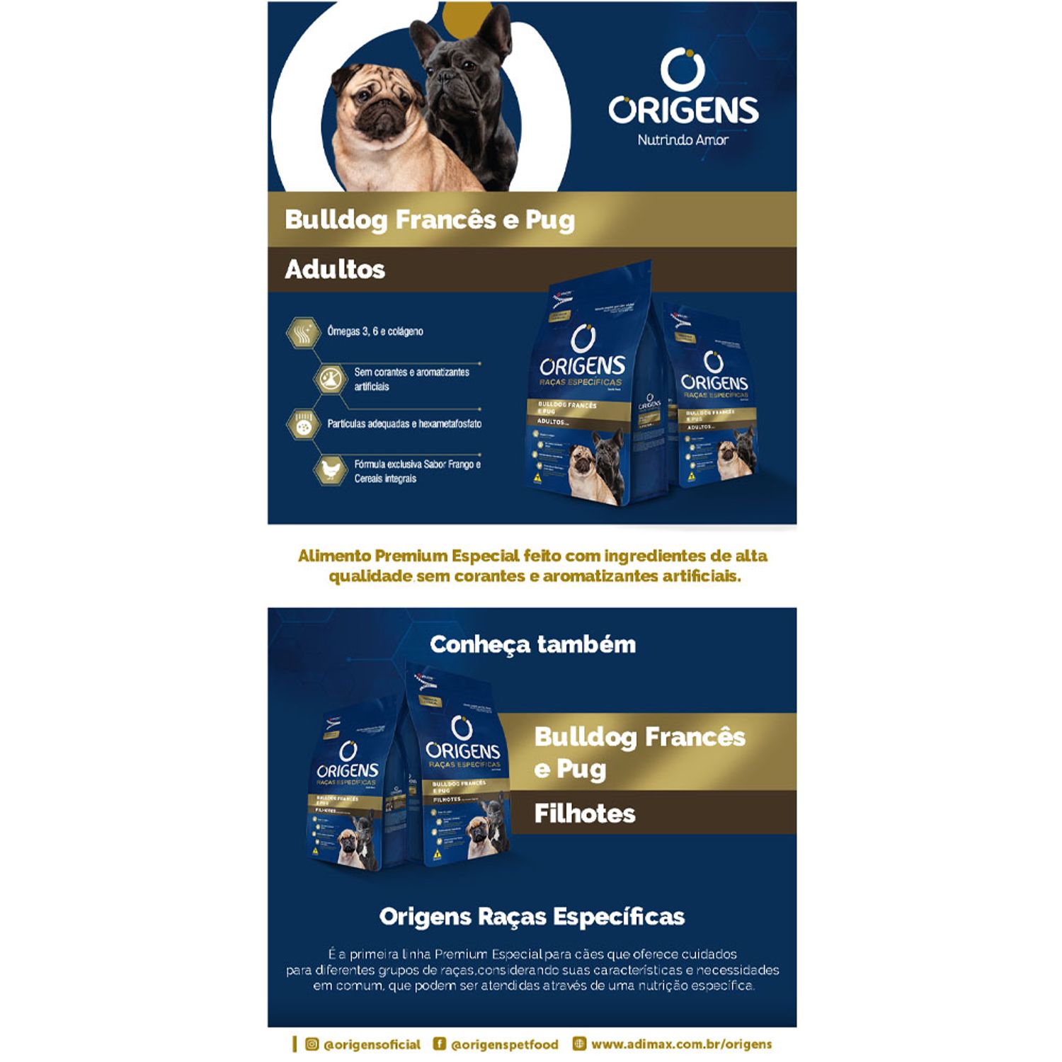 Ração Origens Cães Adultos Raças Específicas Bulldog Francês e Pug